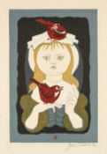 JUNICHIRO SEKINO (1914-1988), woodblock print - Girl with red birds, oban tat-e 37 x 44.5cms