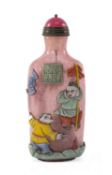 CHINESE COLOUR OVERLAY GLASS 'BOYS' SNUFF BOTTLE, Qing dynasty or later, carved in relief with