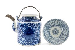 LARGE PERANAKAN BLUE & WHITE TEAPOT & COVER, painted with scrolling peony, 21cms (h) together with