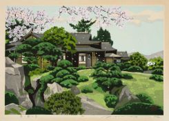 MASAO IDO (1945-2016), limited edition (90/200) woodblock print - House and Cherry Blossom, red