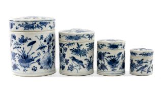 GRADUATED SET CHINESE BLUE & WHITE BOXES & COVERS, late Qing or later, cylinder form, painted with