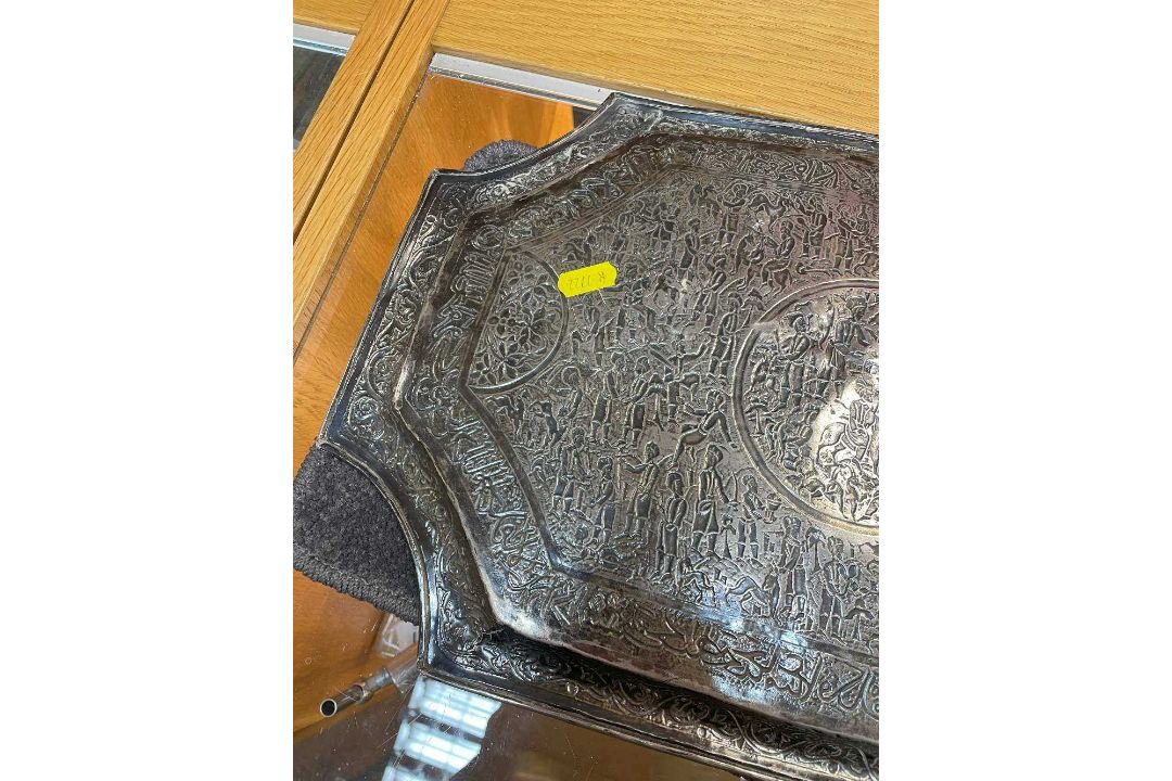 PERSIAN-STYLE SILVER PLATED TEA TRAY, engraved with figures and animals within a border of Arabic - Image 9 of 11