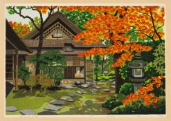 MASAO IDO (1945-2016), limited edition (90/200) woodblock print - House under Autumn Maple, red