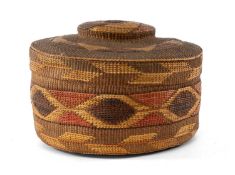 TLINGIT POLYCHROME RATTLE TOP LIDDED BASKET, late 19th C., decorated with hourglass and lozenge
