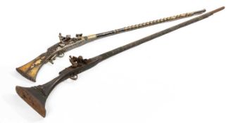 TWO AFGHAN FLINTLOCK JEZAILS, one decorated in brass sheeting and camel bone to the stock, the other