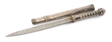 BURMESE WHITE METAL CEREMONIAL KNIFE, DHA, hilt and sheath with lateral herring bone ornamented