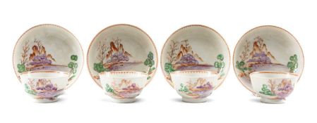 SET FOUR CHINESE FAMILLE ROSE TEA BOWLS & SAUCERS, late 18th C, decorated with an angler and