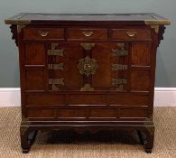 KOREAN ELM LOW CABINET with three fitted frieze drawers and central cupboard, brass fittings, 85 (h)