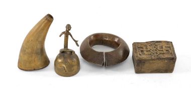 ASSORTED WEST AFRICAN METALWARE & ZULU POWDER FLASK, comprising heavy penannular bronze currency