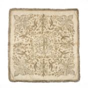 OTTOMAN SILVER THREAD EMBROIDERED SILK PANEL, bohça, of square shape, the cream ground embroidered