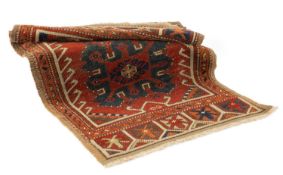 VINTAGE TURKISH YASTIK, Anatolia, wool on wool, madder field with two blue star medallions, orange