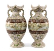 PAIR JAPANESE SATSUMA VASES, Taisho/early Showa Era, painted with continuous river landscapes to the