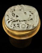 CHINESE JADE MOUNTED GILT COPPER CANISTER, lid applied with pierced jade plaque depicting long