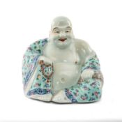 CHINESE FAMILLE ROSE FIGURE OF BUDAI, Republic, seated with rosary, impressed 4-character Chang