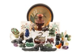 ASSORTED CHINESE HARDSTONE CARVINGS including animals, fish, birds etc. in different coloured