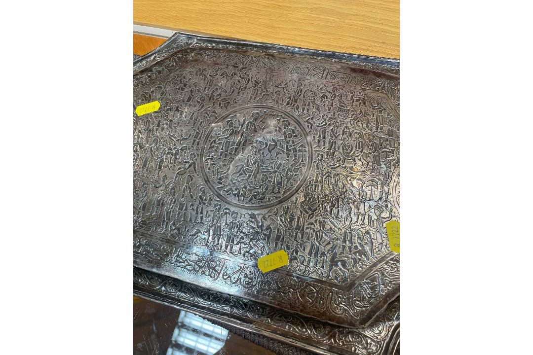 PERSIAN-STYLE SILVER PLATED TEA TRAY, engraved with figures and animals within a border of Arabic - Image 10 of 11