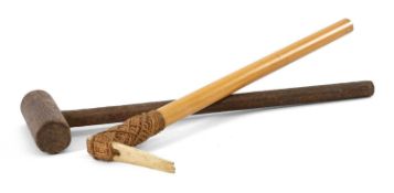 RARE FIJI TATTOO IMPLEMENT, mid-late 19th C., with triple-toothed flat bone head bound with sennit