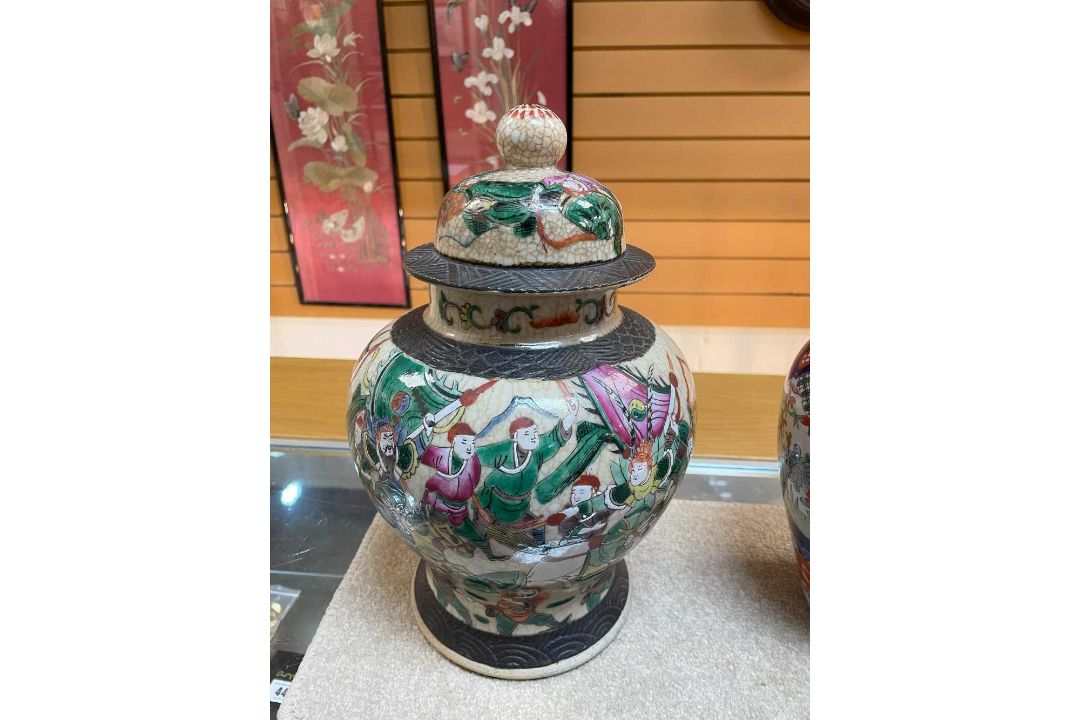 TWO PORCELAIN VASES, one a Chinese crackle glazed famille rose jar and cover, 30cms (h), the other a - Image 2 of 16