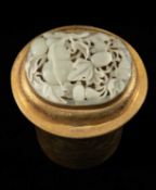 CHINESE JADE MOUNTED GILT COPPER CANISTER, lid inset with oval panel pierced with double gourd