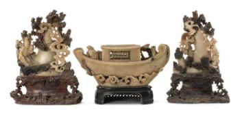THREE CHINESE SOAPSTONE (STEATITE) CARVINGS, comprising a pair of mountains featuring Lan Caihe with