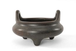 LARGE CHINESE BRONZE CENSER, 17th / 18th C., rim with raised loop handles above compressed bombe