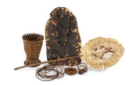 COLLECTION POLYNESIAN ARTEFACTS/TRADE GOODS, including vegetal fibre fan with kapok border around