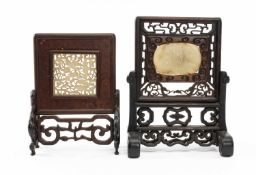 TWO CHINESE JADE & HARDWOOD TABLE SCREENS, one containing carved dragon plaque within filigree