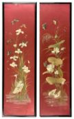 PAIR CHINESE RED SILK EMBROIDERIES, c. 1920, depicting pairs of mandarin ducks and egrets,