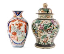 TWO PORCELAIN VASES, one a Chinese crackle glazed famille rose jar and cover, 30cms (h), the other a