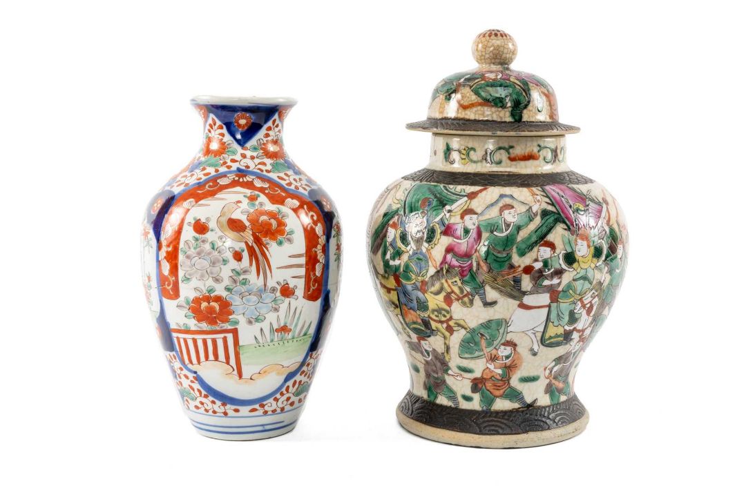 TWO PORCELAIN VASES, one a Chinese crackle glazed famille rose jar and cover, 30cms (h), the other a - Image 1 of 16