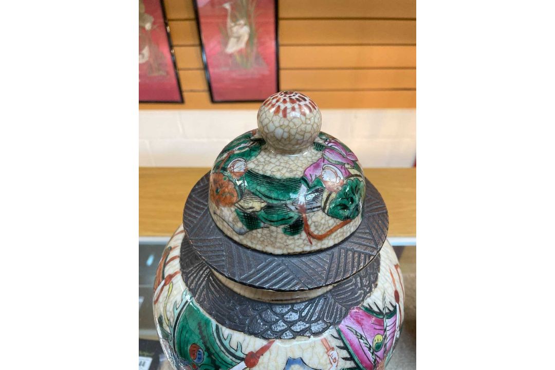 TWO PORCELAIN VASES, one a Chinese crackle glazed famille rose jar and cover, 30cms (h), the other a - Image 3 of 16