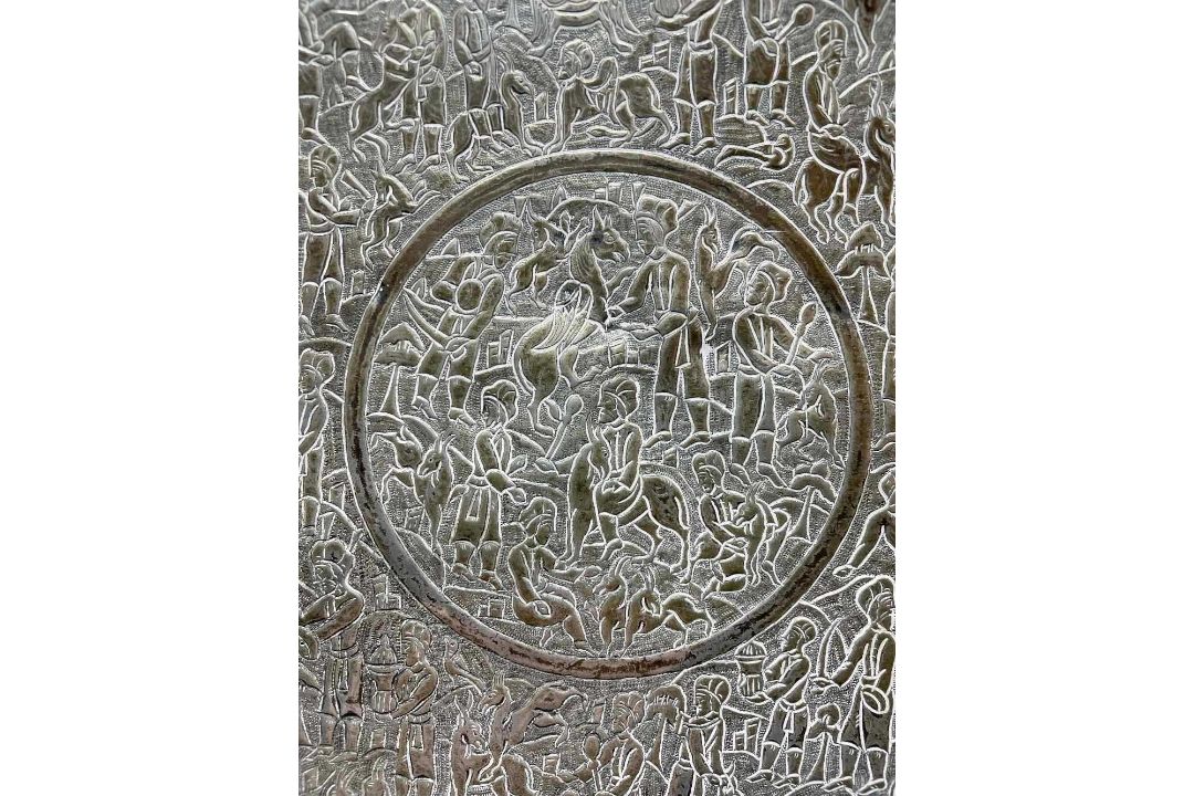 PERSIAN-STYLE SILVER PLATED TEA TRAY, engraved with figures and animals within a border of Arabic - Image 8 of 11
