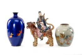 THREE EAST ASIAN ORNAMENTS comprising Japanese cloisonné vase decorated with goldfish, 24cms (h),