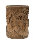 CHINESE CARVED BAMBOO BRUSH POT, bitong, Qing Dynasty, carved in relief with a continuous scene of