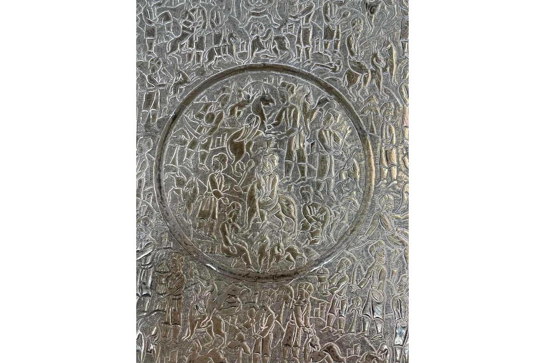PERSIAN-STYLE SILVER PLATED TEA TRAY, engraved with figures and animals within a border of Arabic - Image 7 of 11