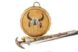 CONTEMPORARY NATIVE AMERICAN DRUM & CLUBS, comprising Shaman's handheld drum with rawhide loop