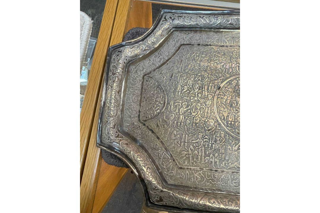 PERSIAN-STYLE SILVER PLATED TEA TRAY, engraved with figures and animals within a border of Arabic - Image 6 of 11