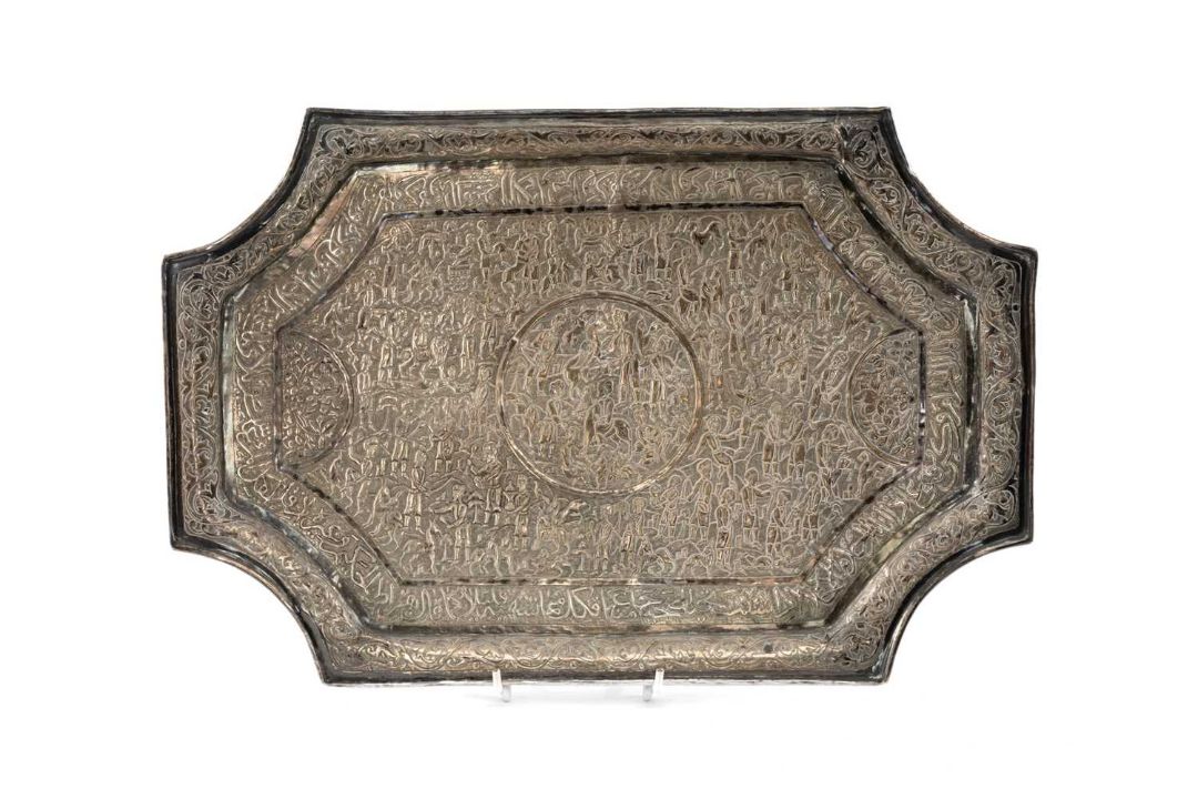 PERSIAN-STYLE SILVER PLATED TEA TRAY, engraved with figures and animals within a border of Arabic - Image 1 of 11