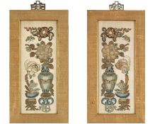 PAIR OF CHINESE SILK EMBROIDERED PANELS, decorated with urns of flowers, insects etc. in Pekin knot,