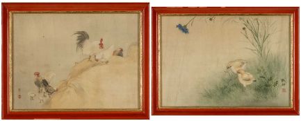 TWO CHINESE WATERCOLOURS ON SILK, 20th C., first depicting chicks, cockerels and hens foraging