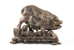 LARGE CHINESE CARVED STONE FIGURE GROUP OF SOW & 4 PIGLETS, 24cms (w) on bespoke stand Provenance: