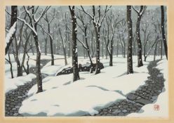 MASAO IDO (1945-2016), limited edition (90/200) woodblock print - Snow in Woods, red artists seal,