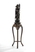 CHINESE HARDWOOD SHOULAO LAMP & VASE STAND, the lamp inlaid with wire, fitted for electricity, 69cms