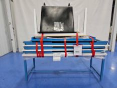 Lot of (6) Tables and Uline Rolling Bin