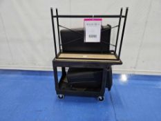 Lot of (1) Rolling Cart, (1) Table and (3) Trash Cans