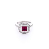 14k White Gold 0.65ct Synthetic Square Ruby and Diamond Halo Ring