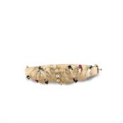 14k Yellow Gold Seed Peal, Round Sapphire, and Round Ruby Chip Textured Hinged Bangle