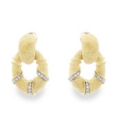18k Yellow and White Gold Textured Door Knocker Diamond Earrings