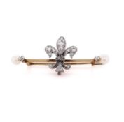 Tiffany & Co Platinum and 14k Yellow Gold Diamond and Pearl Fleur De Lis Brooch