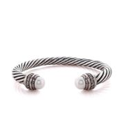 David Yurman Sterling Silver Cable Cuff with Cultured Pearl and Diamond Ends Bracelet